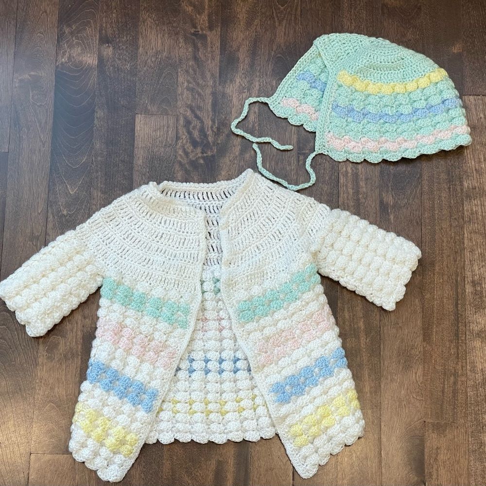 Vintage baby hand knit colourful cardigan and bonnet  || Vintage baby clothes